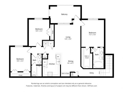 Floor plan for 3 beds, 2 baths, 1280 sqft